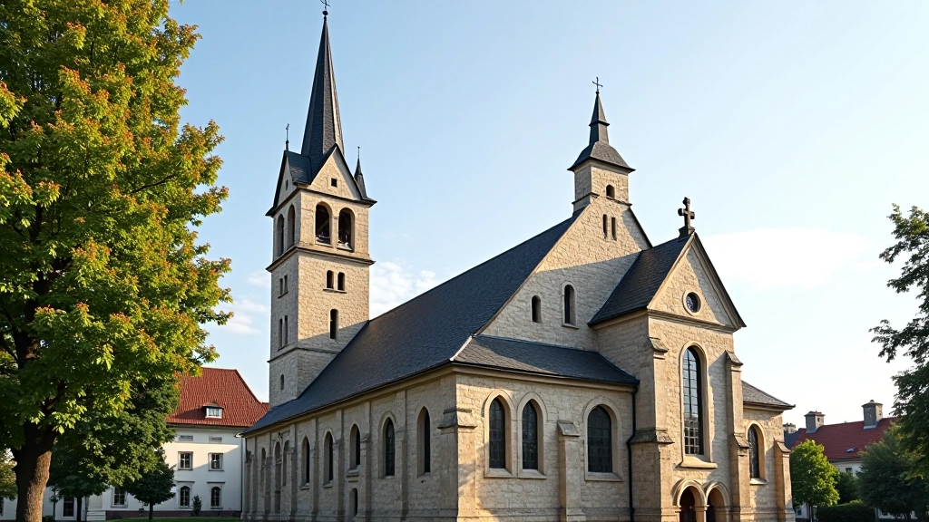 Išorinė bažnyčios fasado nuotrauka su detaliais architektūriniais elementais, šviesus šaltkraujalikis žemė šone