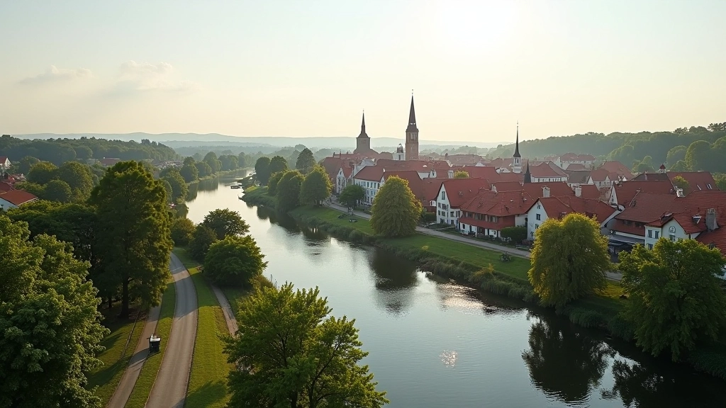 Išdėstytas Seredžaus miestas su bažnyčia horizonte ir Nemuno upė apačioje