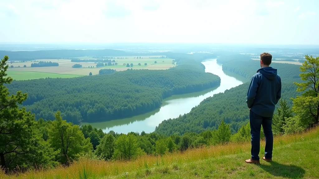 Piliakalnio viršūnės panorama su Nemuno upės vingiais, tolimais laukais ir miškais horizonte